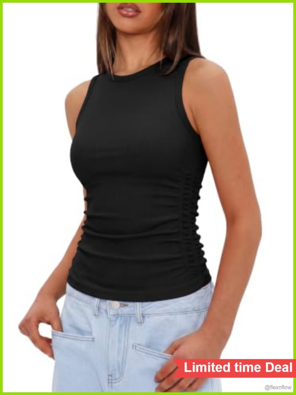 Women's High Neck Ruched Tank Top with Sewn-in Bra, Ribbed Nylon Spandex, Black